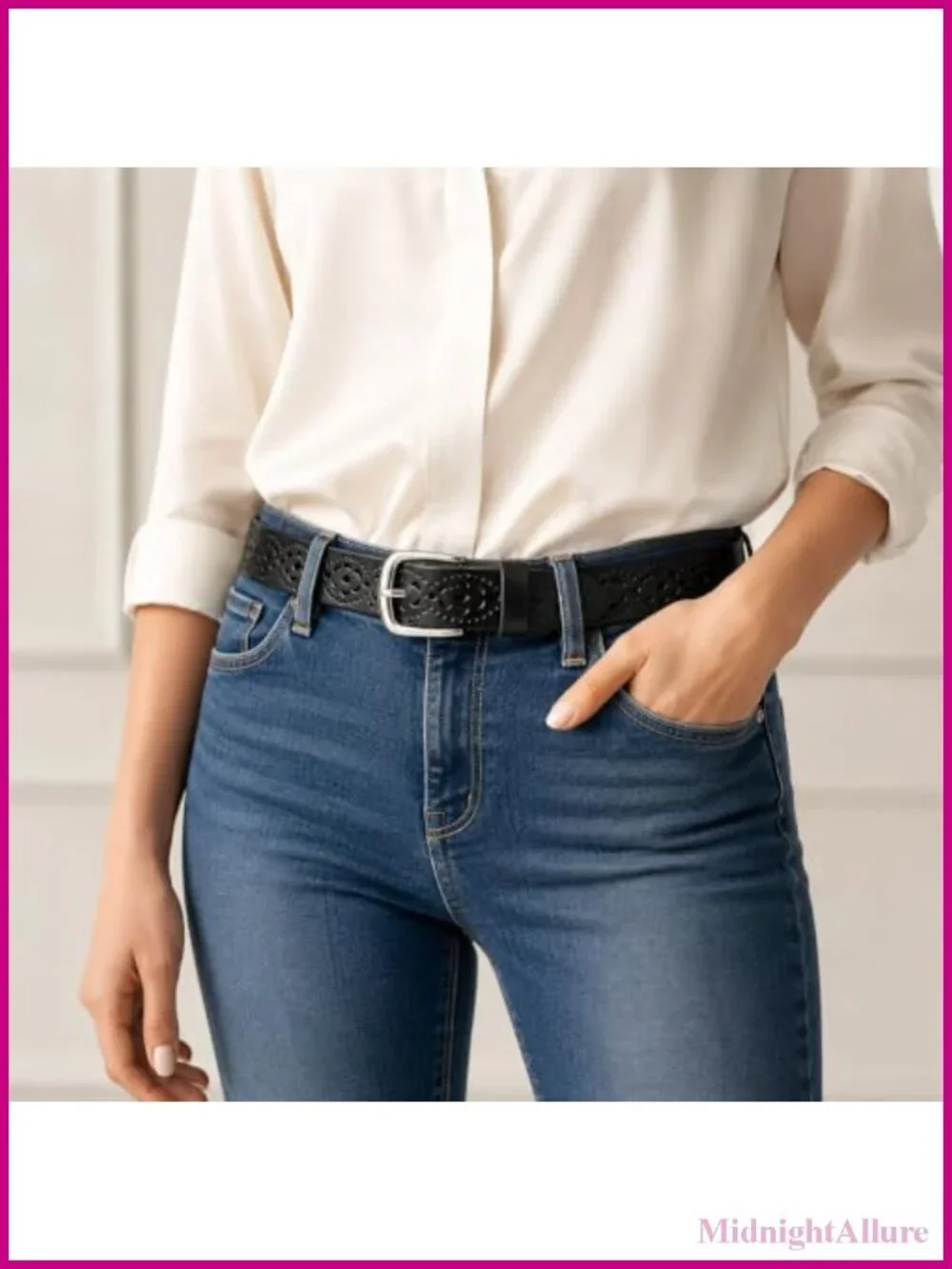 Genuine Leather Belt Hollow Floral Pin Buckle Adjustable Waist Slimming